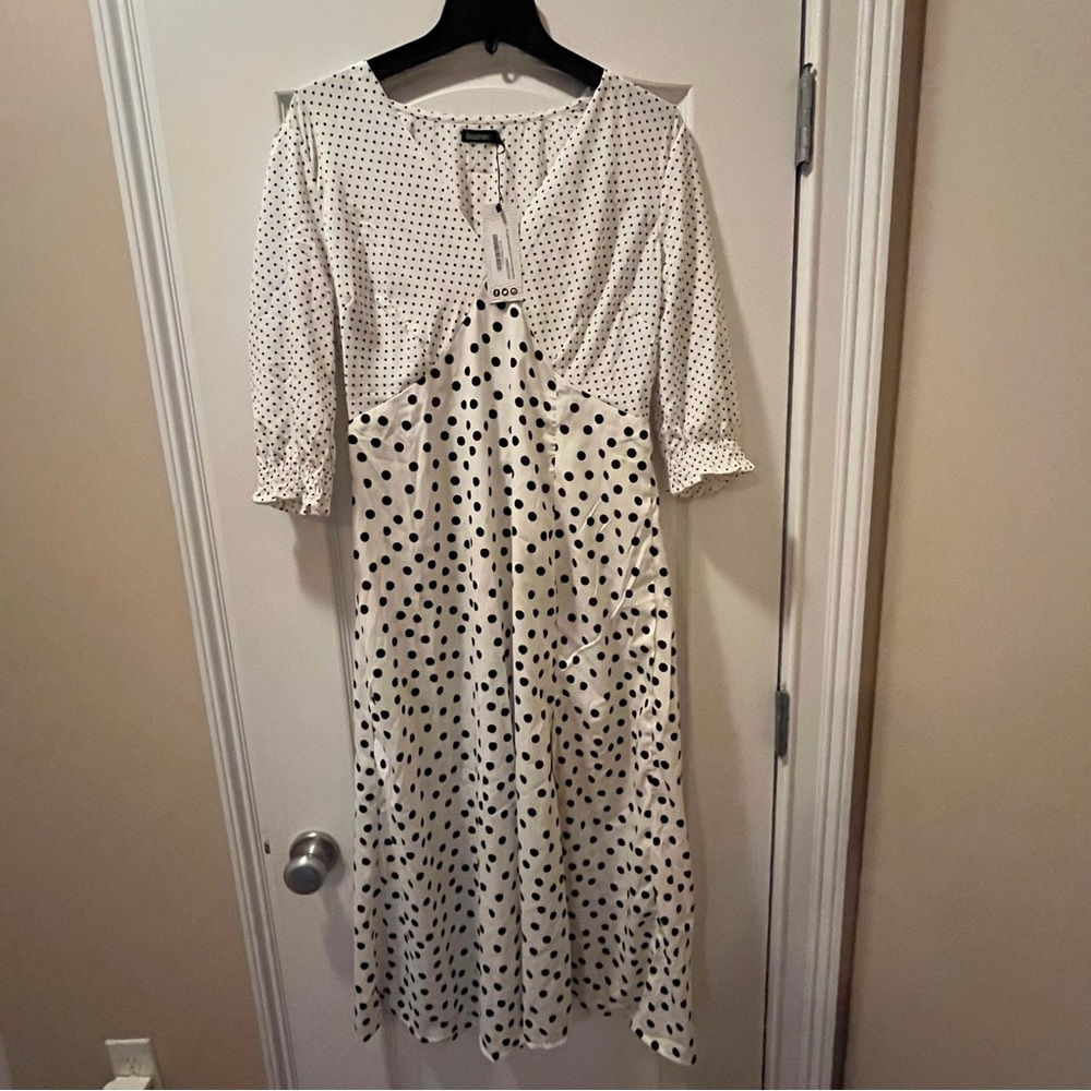 NWT! ASOS Boohoo Midi White/Black Polka Dot Dress, US Size 10